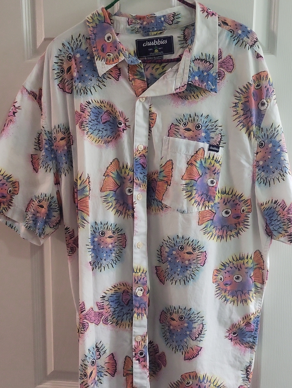 Chubbies Navy Label Shirt with Pastel Multicolor Pufferfish Print